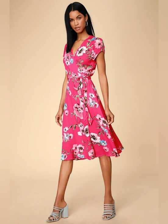 Lulus Dresses & Skirts - NWOT Lulus Real Life Daydream Hot Pink Floral Print Midi Wrap Dress